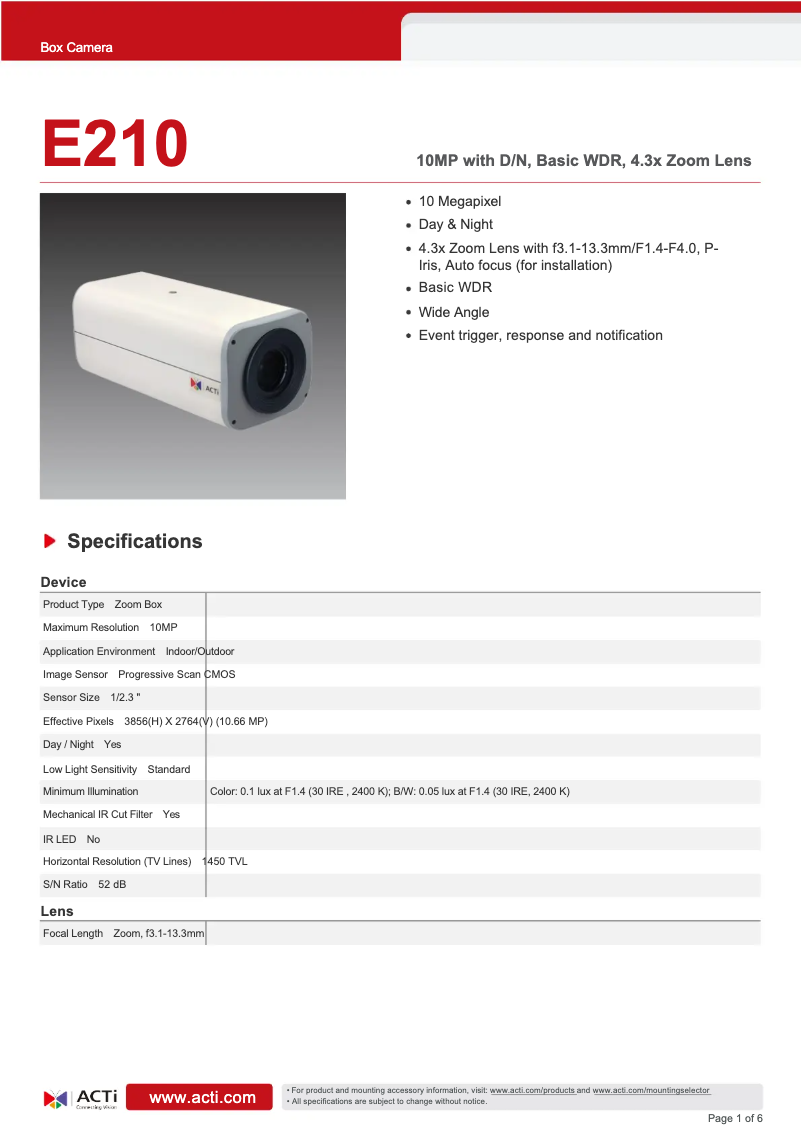 Page 1 de la notice Fiche technique ACTi E210