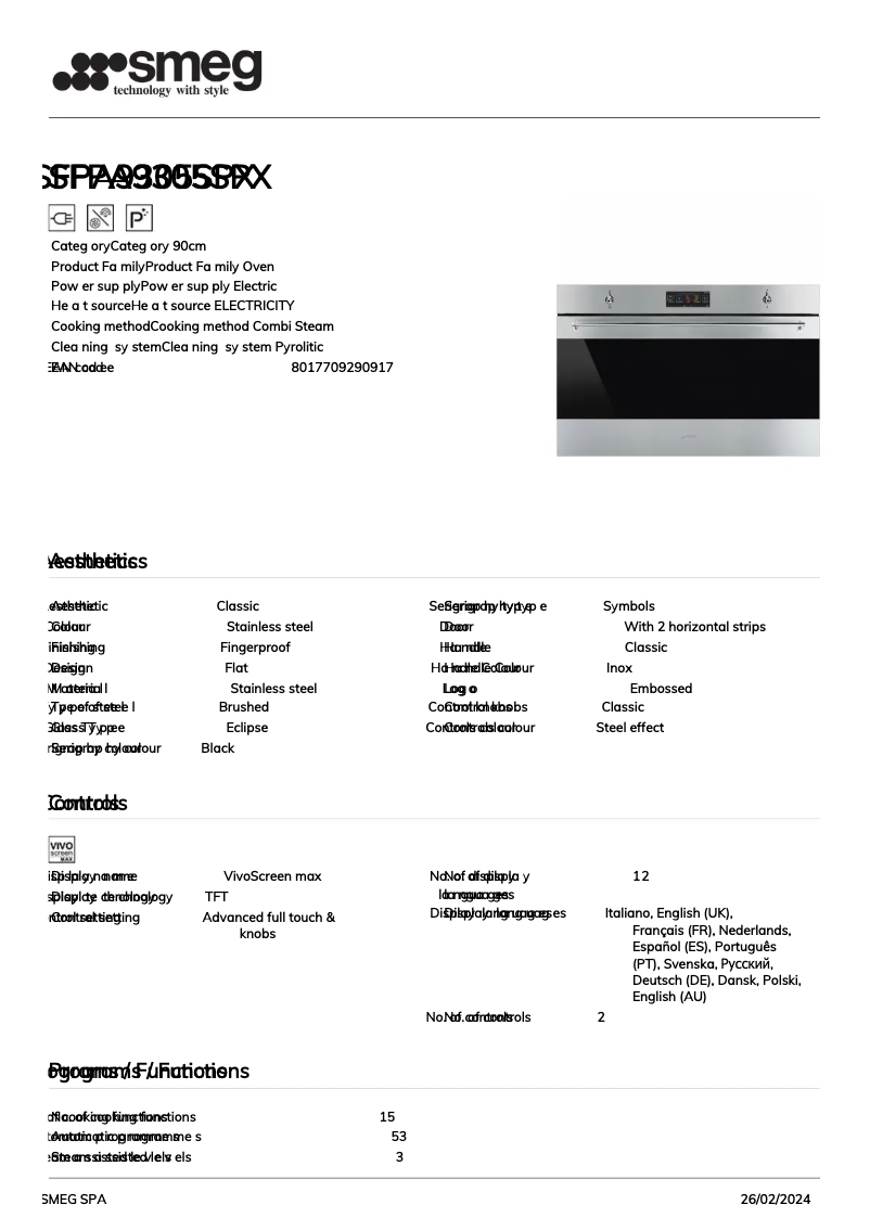 Página 1 del manual Ficha técnica Smeg SFPA9305SPX