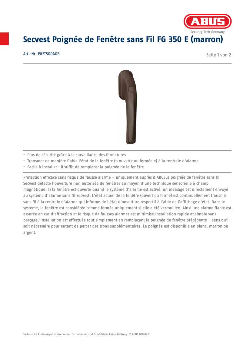 Page 1 de la notice Fiche technique Abus FUFT50040B