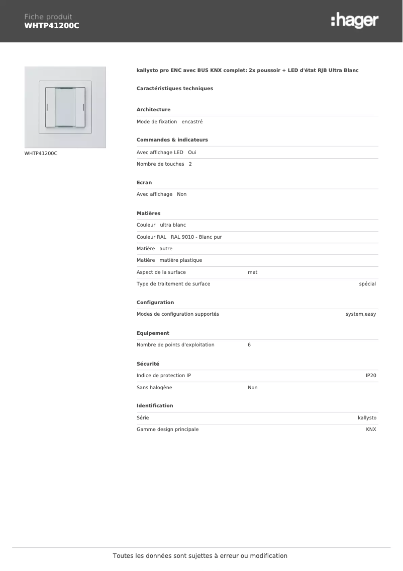 Page 1 de la notice Fiche technique Hager WHTP41200C