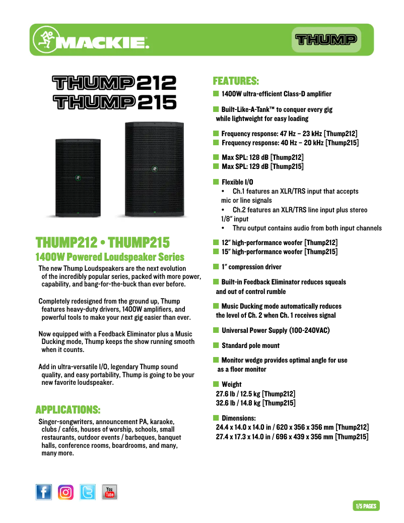 Page 1 de la notice Fiche technique Mackie Thump 215