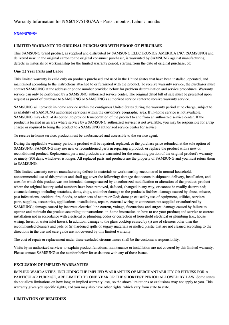 Page 1 de la notice Informations de garantie Samsung NX60T8711SG