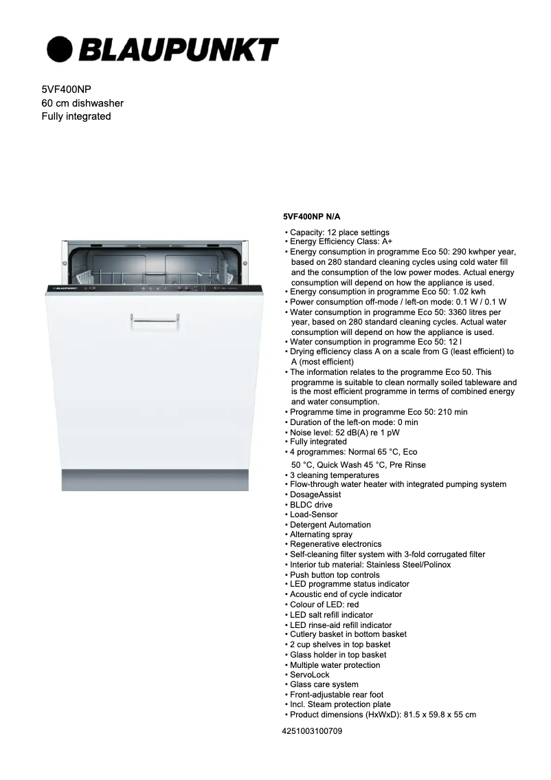 Página 1 del manual Ficha técnica Blaupunkt 5VF 400NP