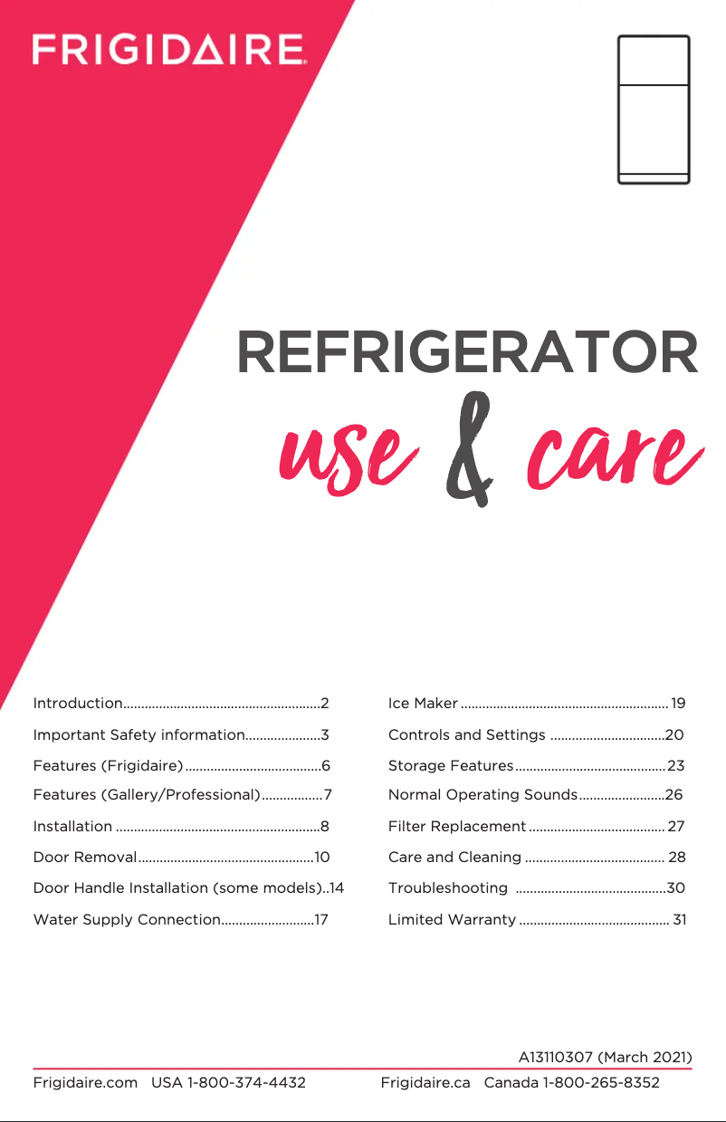 Page 1 de la notice Manuel d'utilisation et d'entretien Frigidaire FFHT2045VB