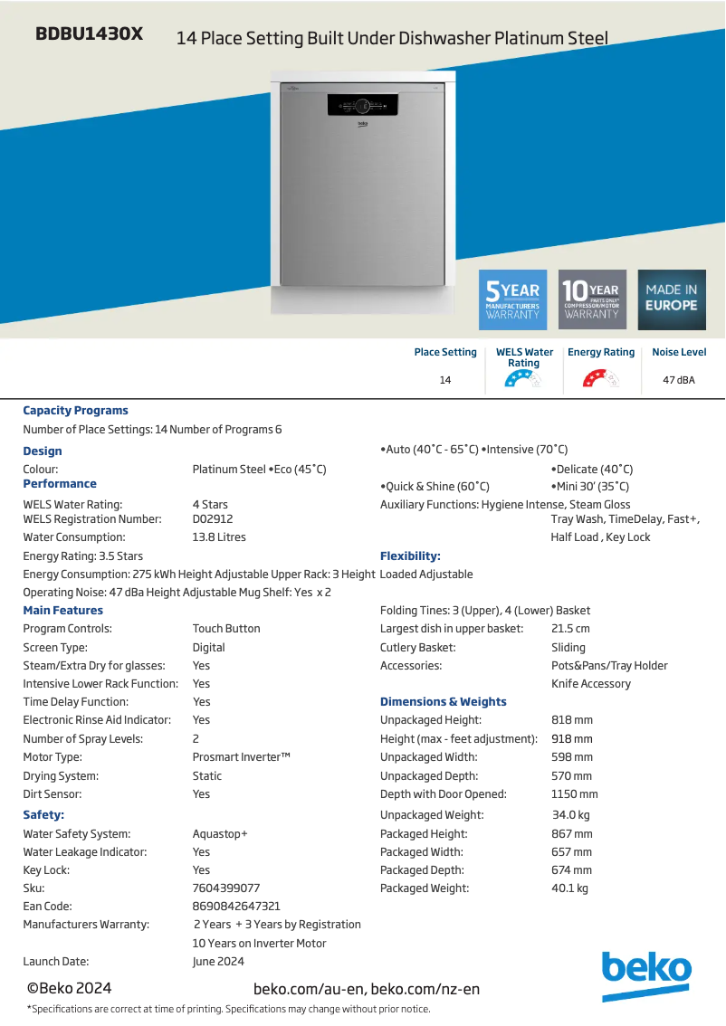 Page 1 de la notice Fiche technique Beko BDBU1430X