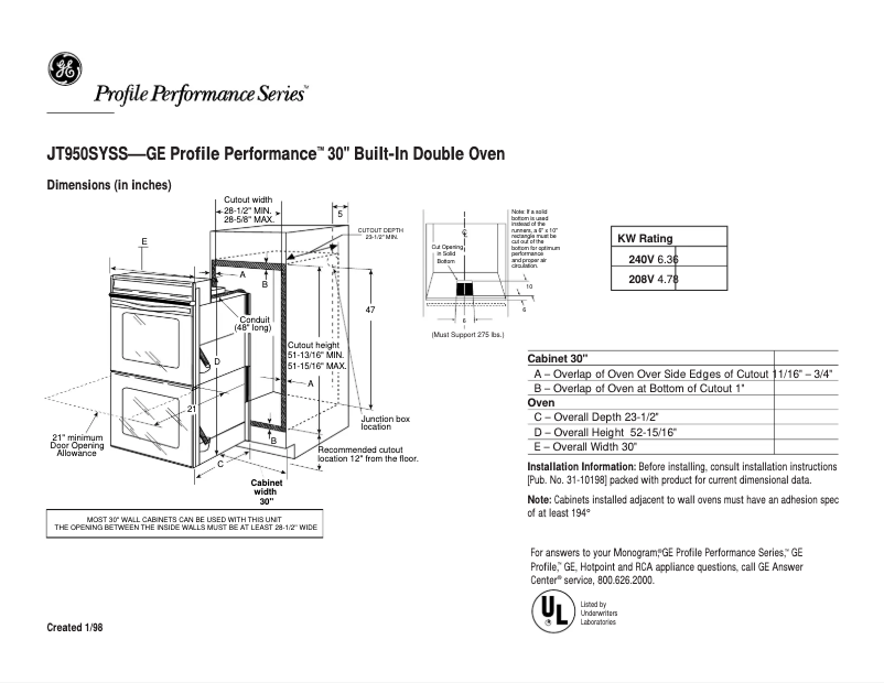 Página 1 del manual Ficha técnica GE Profile Performance JT950SYSS