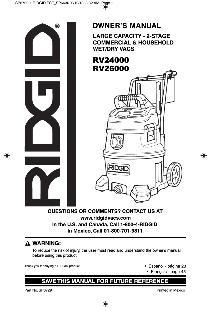 Page 1 de la notice Manuel utilisateur Ridgid RV2600B