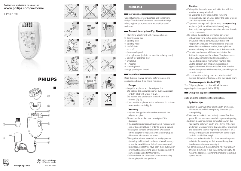 Image de la première page du manuel de l'appareil Satinelle Plus HP6401