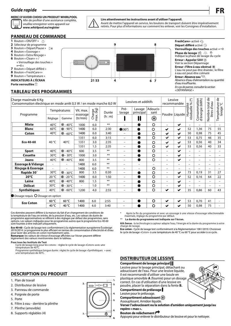 Page 1 de la notice Manuel utilisateur Whirlpool FFBBE 6438 B F