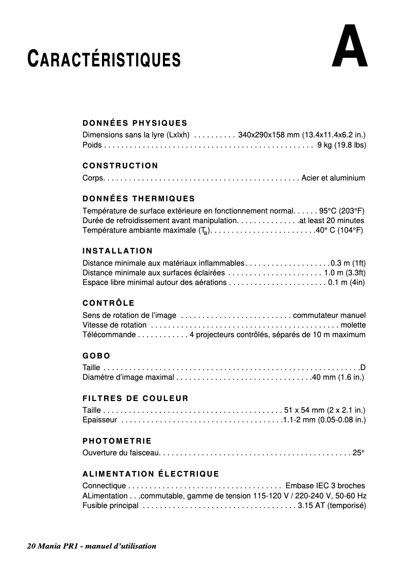 Page 1 de la notice Fiche technique Martin Mania PR1