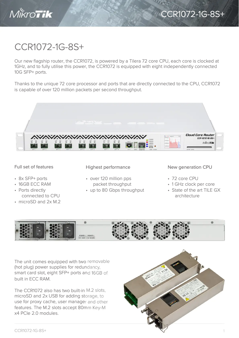Page 1 de la notice Brochure Mikrotik CCR1072-1G-8S+