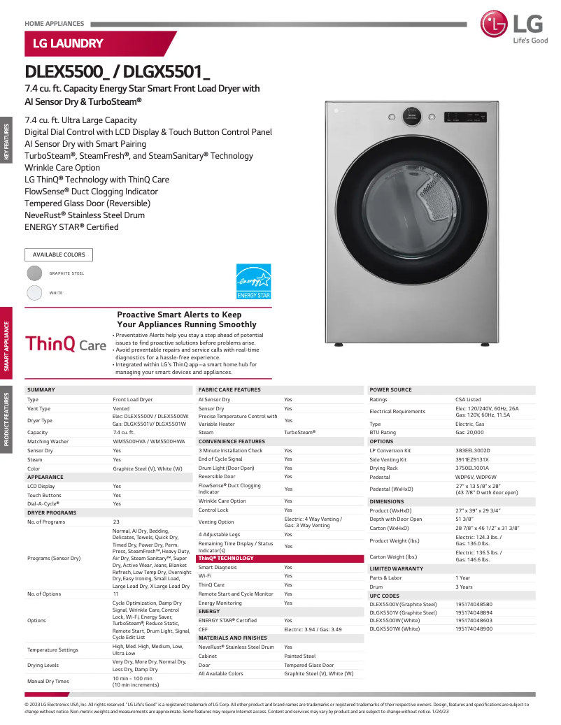 Page 1 of the manual Technical Sheet LG DLEX5500V