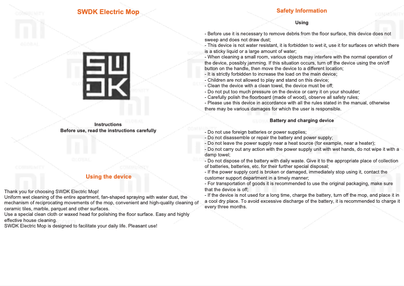 Page 1 de la notice Manuel utilisateur Xiaomi SWDK Handheld Electric Mop