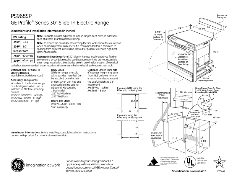 Página 1 del manual Ficha técnica GE Profile PS968SPSS
