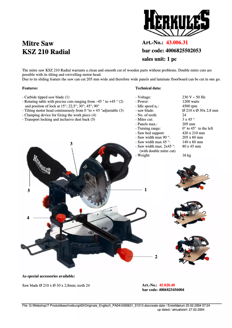 Page 1 de la notice Manuel utilisateur Herkules KZS 210