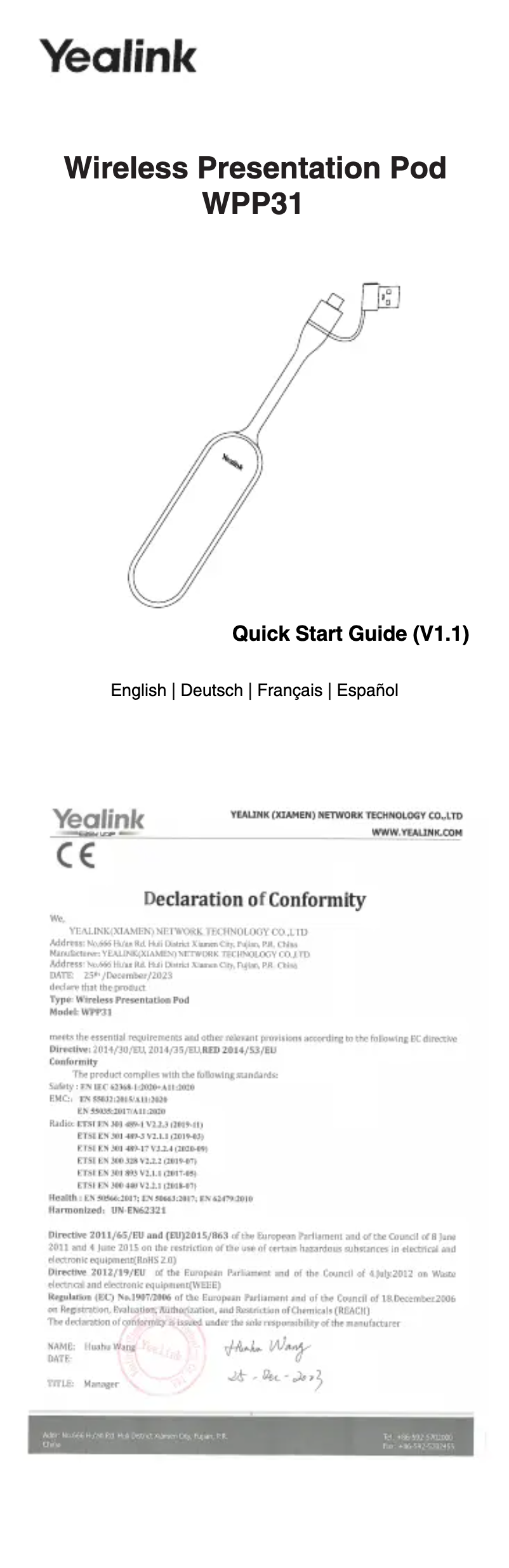 Page 1 de la notice Manuel utilisateur Yealink WPP31