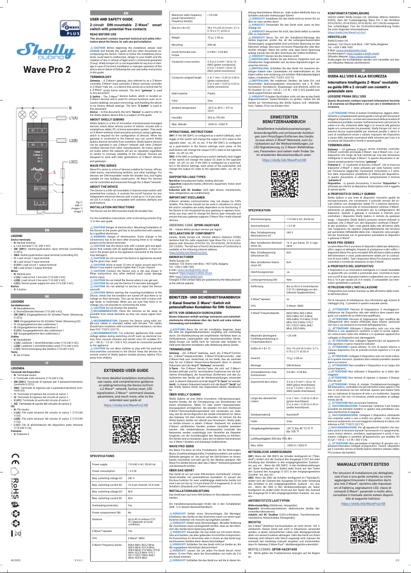 Page 1 de la notice Manuel utilisateur Shelly Wave Pro 2