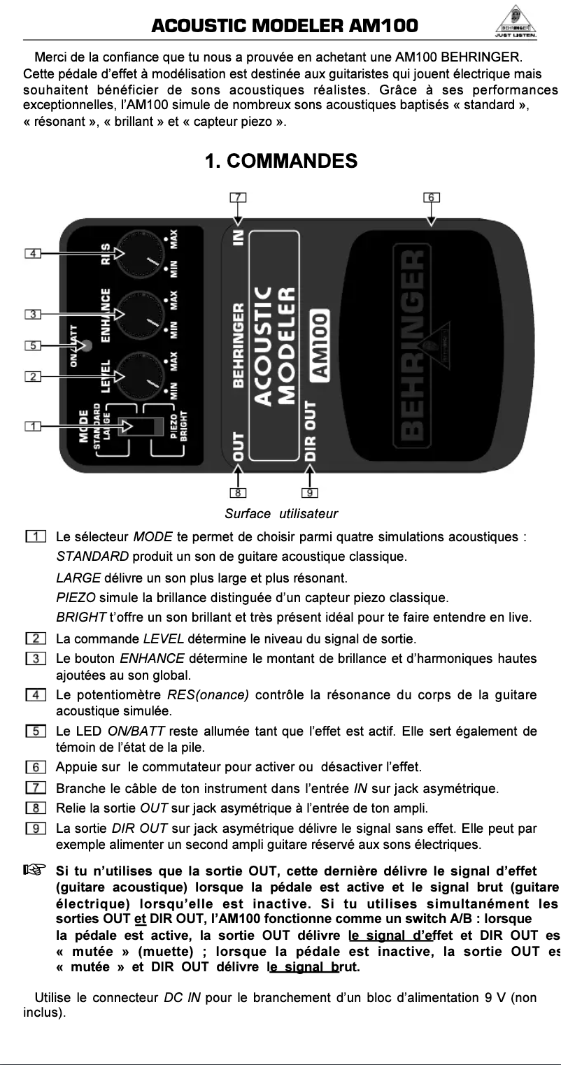 Page 1 of the manual User Manual Behringer AM100