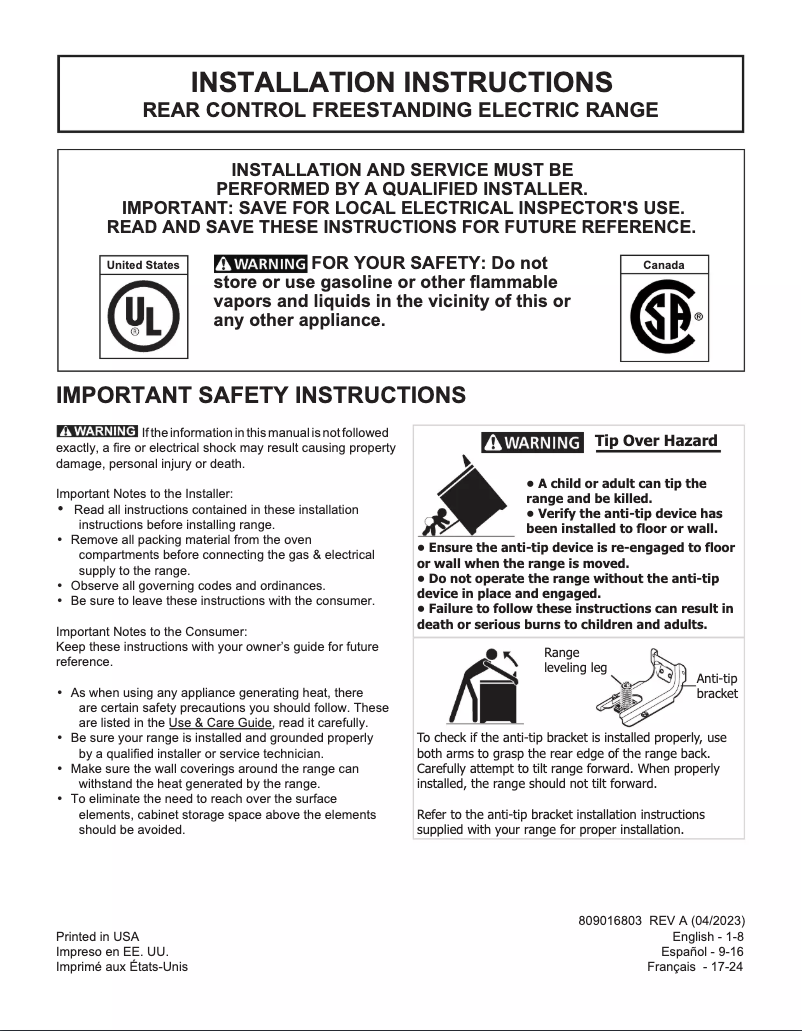 Page 1 de la notice Guide d'installation Frigidaire GCRE3060BD