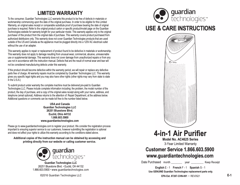 Page 1 de la notice Manuel utilisateur Guardian AC4625
