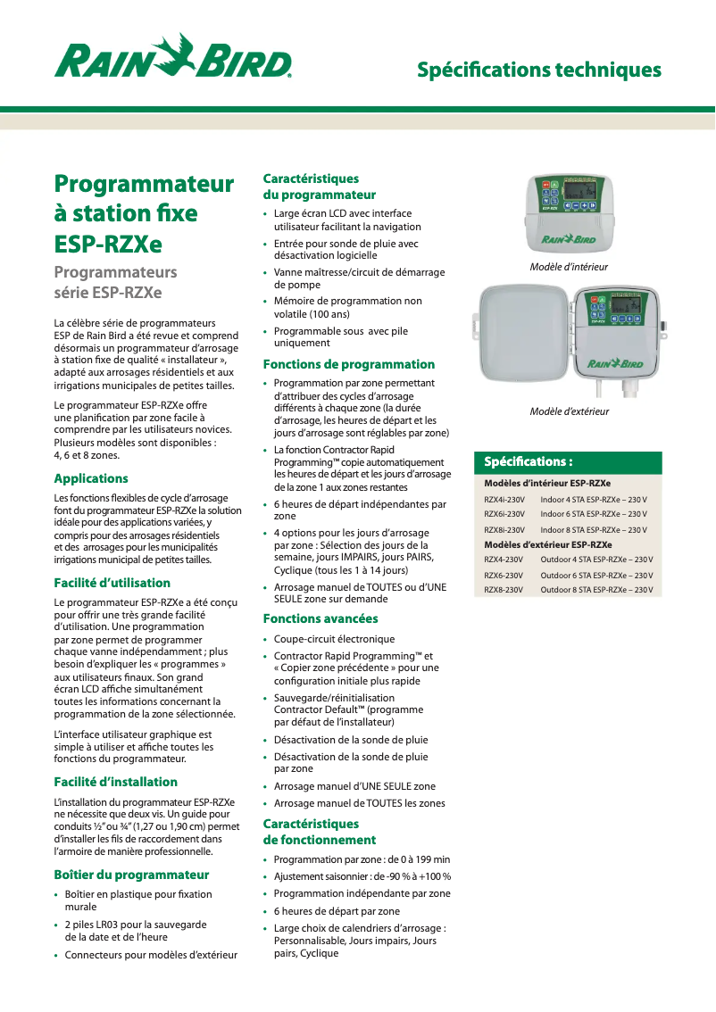 Page 1 de la notice Fiche technique Rain Bird ESP-RZXe