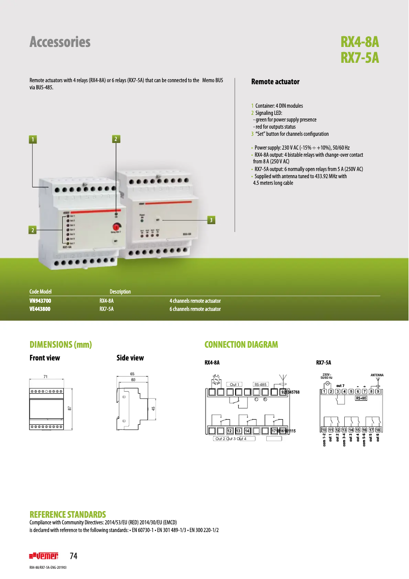 Page 1 de la notice Fiche technique Vemer RX7-5A