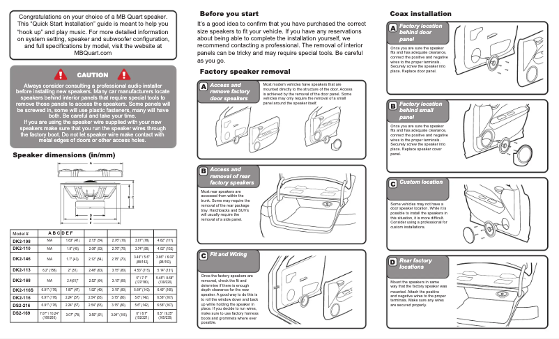 Page 1 de la notice Guide de démarrage rapide MB Quart Discus DK2-146