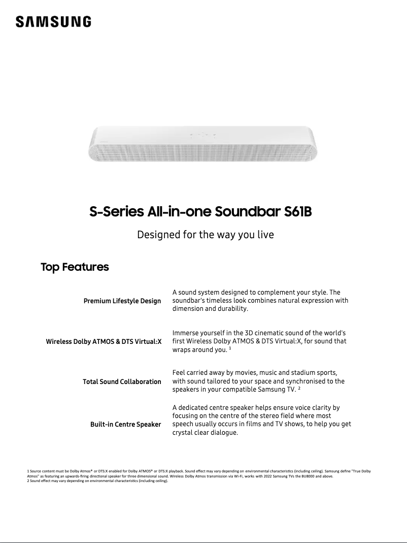 Page 1 de la notice Fiche technique Samsung HW-S61B