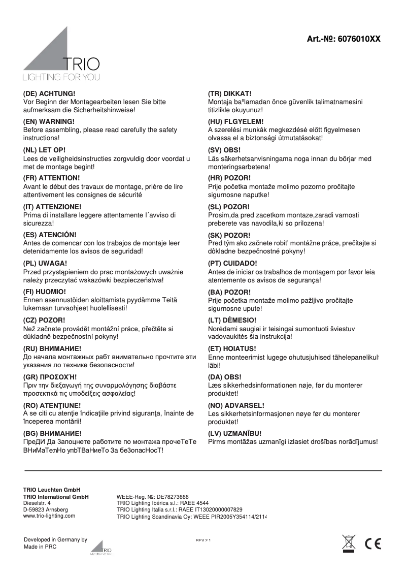 Page 1 de la notice Manuel utilisateur Trio Lighting Alicia 607601006