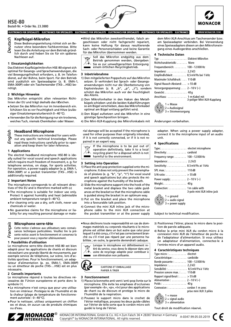 Page 1 de la notice Manuel utilisateur Monacor HSE-80