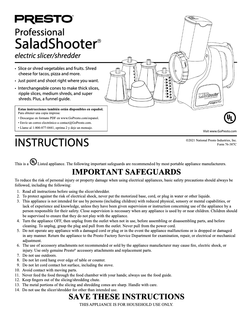 Page 1 of the manual User Manual Presto SaladShooter Profesional 02970