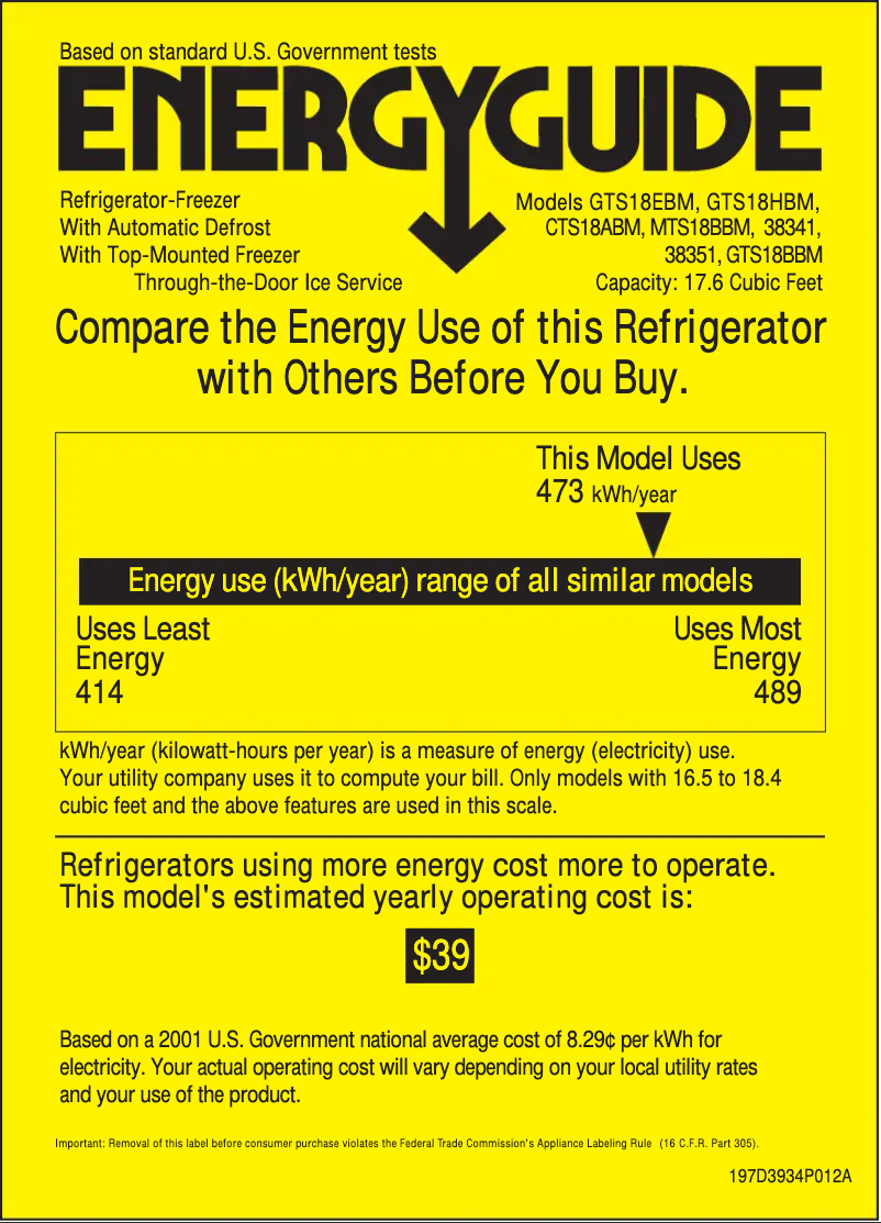 Page 1 de la notice Label énergétique GE GTS18EBMCC