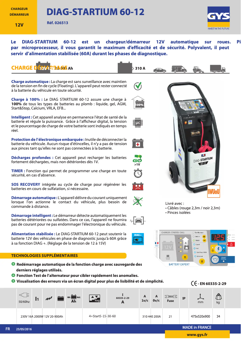 Page 1 de la notice Fiche technique GYS Diag-Startium 60-12