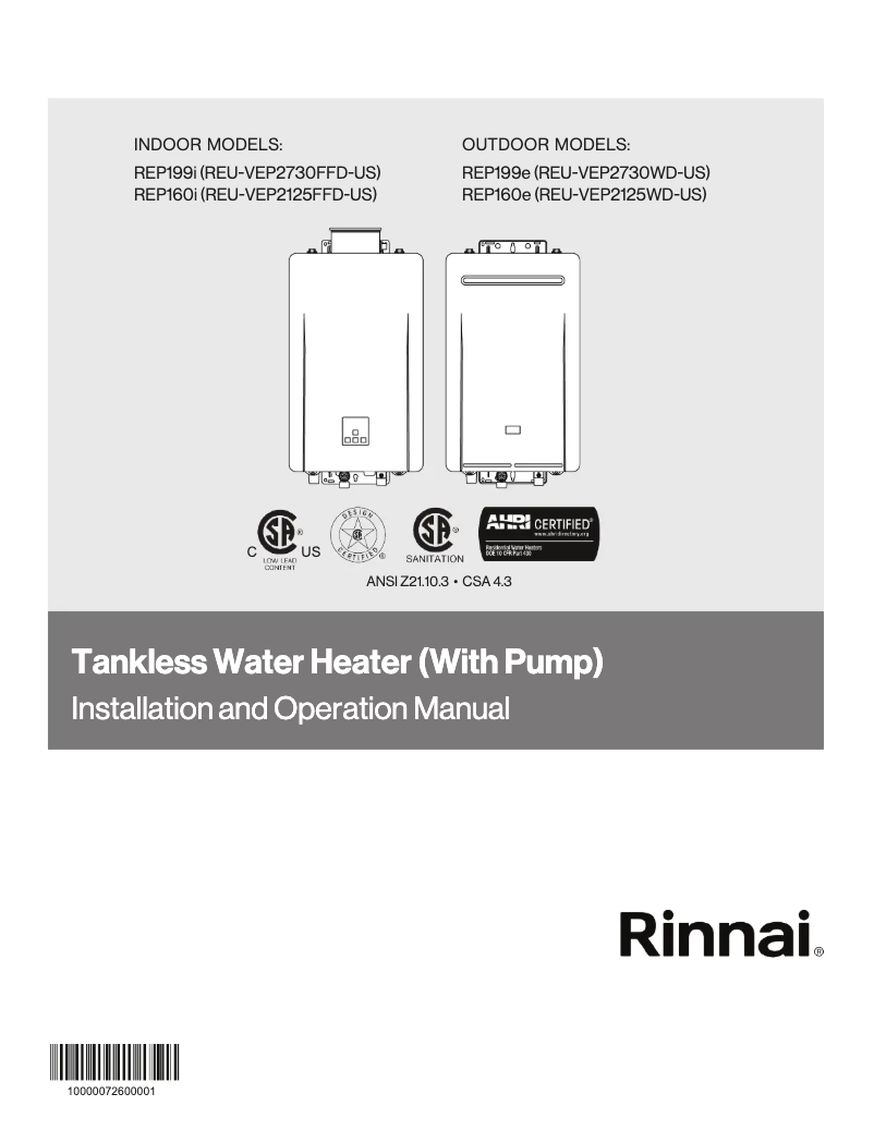 Page 1 de la notice Guide d'installation Rinnai REP160eN