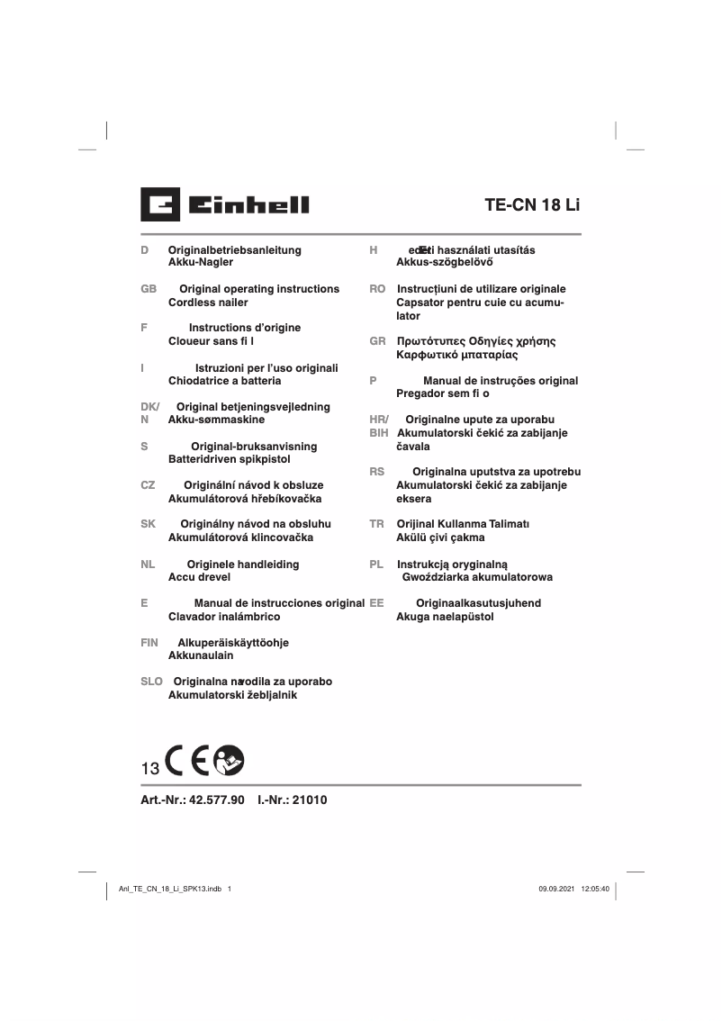 Page 1 de la notice Manuel utilisateur Einhell TE-CN 18 Li