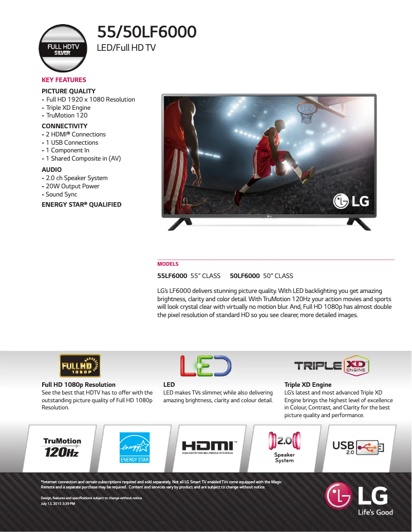 Page 1 de la notice Fiche technique LG 55LF6000