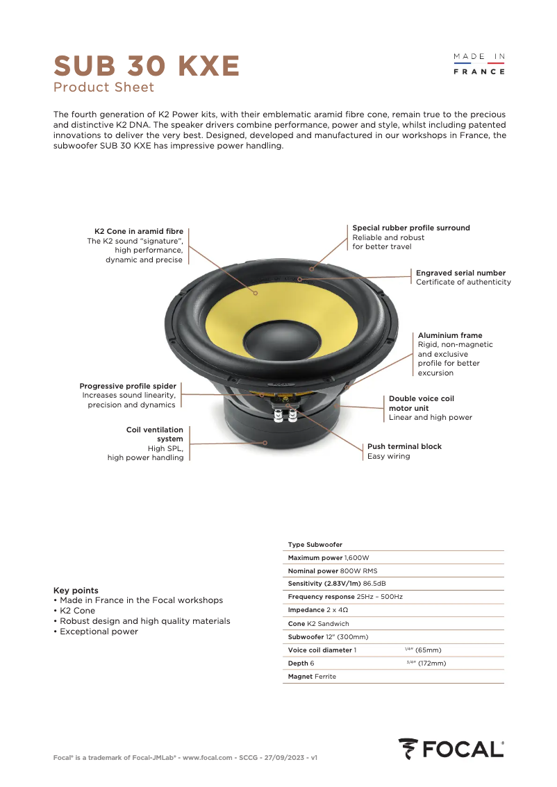 Page 1 de la notice Fiche technique Focal SUB 30 KXE