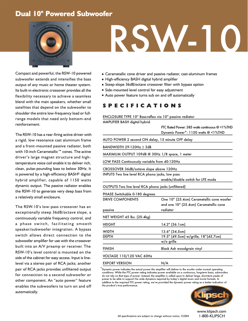 Page 1 de la notice Manuel utilisateur Klipsch RSW-10