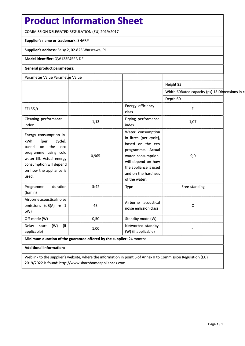 Página 1 del manual Ficha técnica Sharp QW-I23F45EB-DE