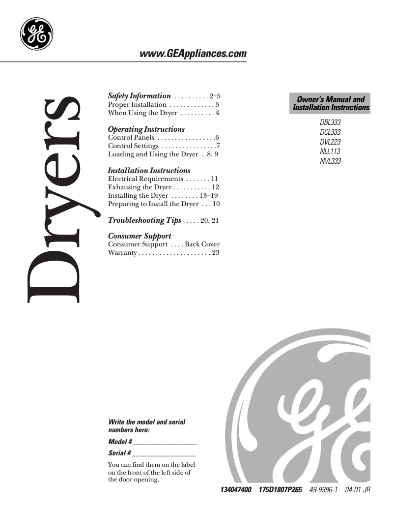 Página 1 del manual Guía de instalación GE DBL333EACC