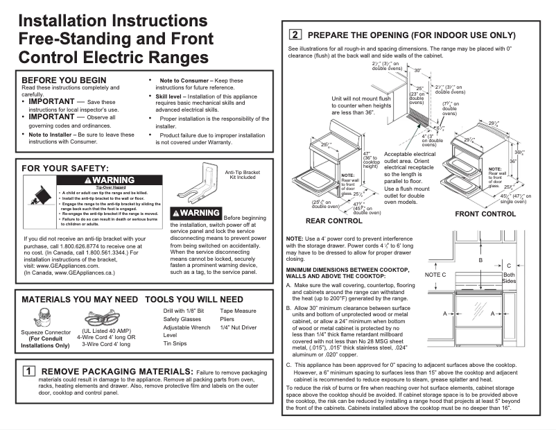 Page n°1 - Guide d'installation GE JB250RKSS
