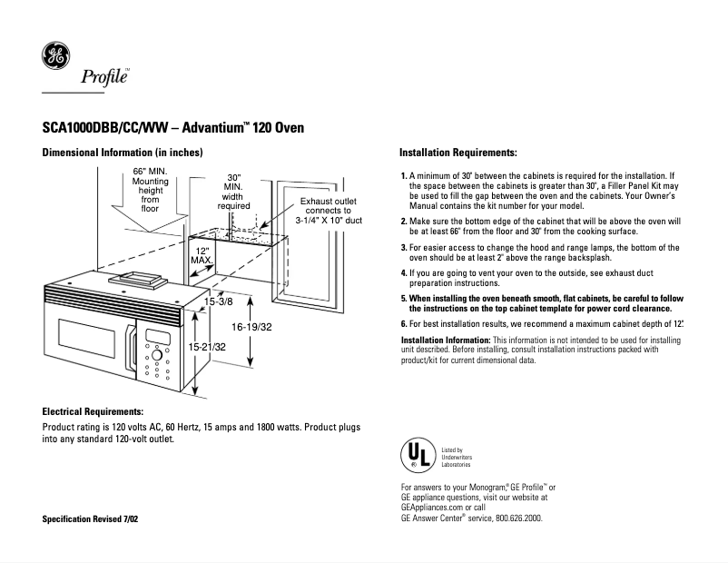 Page 1 of the manual Technical Sheet GE SCA1000DCC