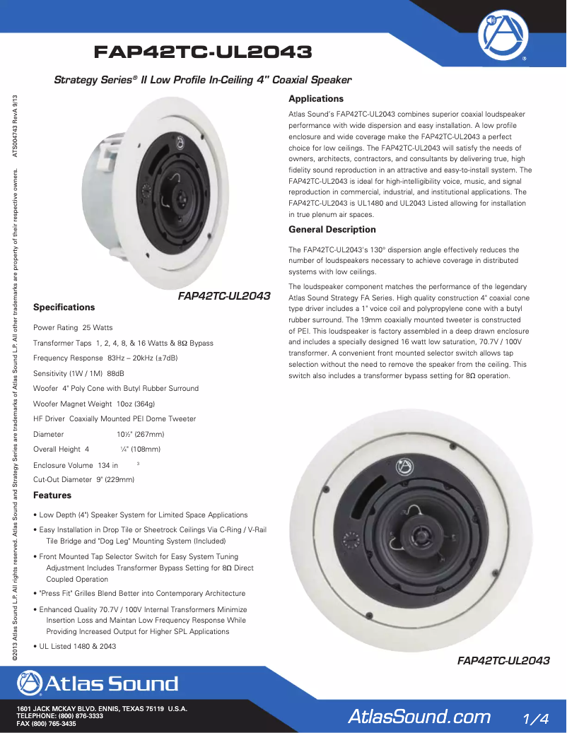 Page 1 de la notice Mode d'emploi Atlas Sound FAP42TC-UL2043