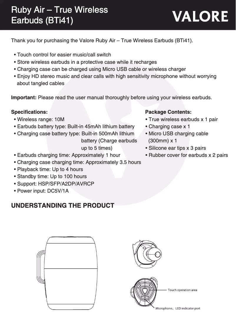 Page 1 de la notice Manuel utilisateur Valore BTi41