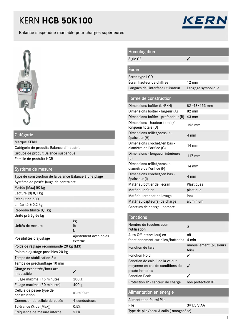 Page 1 de la notice Fiche technique Kern HCB 50K100