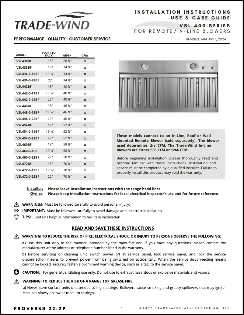 Page 1 de la notice Manuel utilisateur Trade-Wind VSL430BF