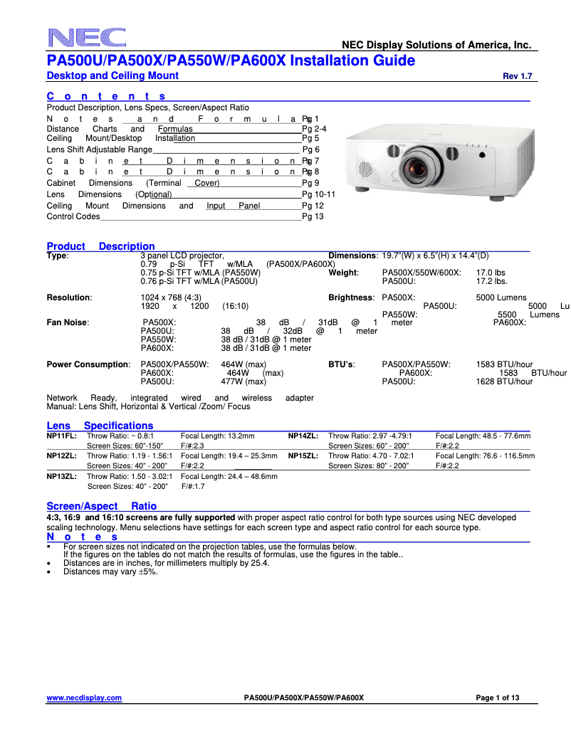 Page 1 de la notice Manuel utilisateur NEC NP-PA500X-13ZL