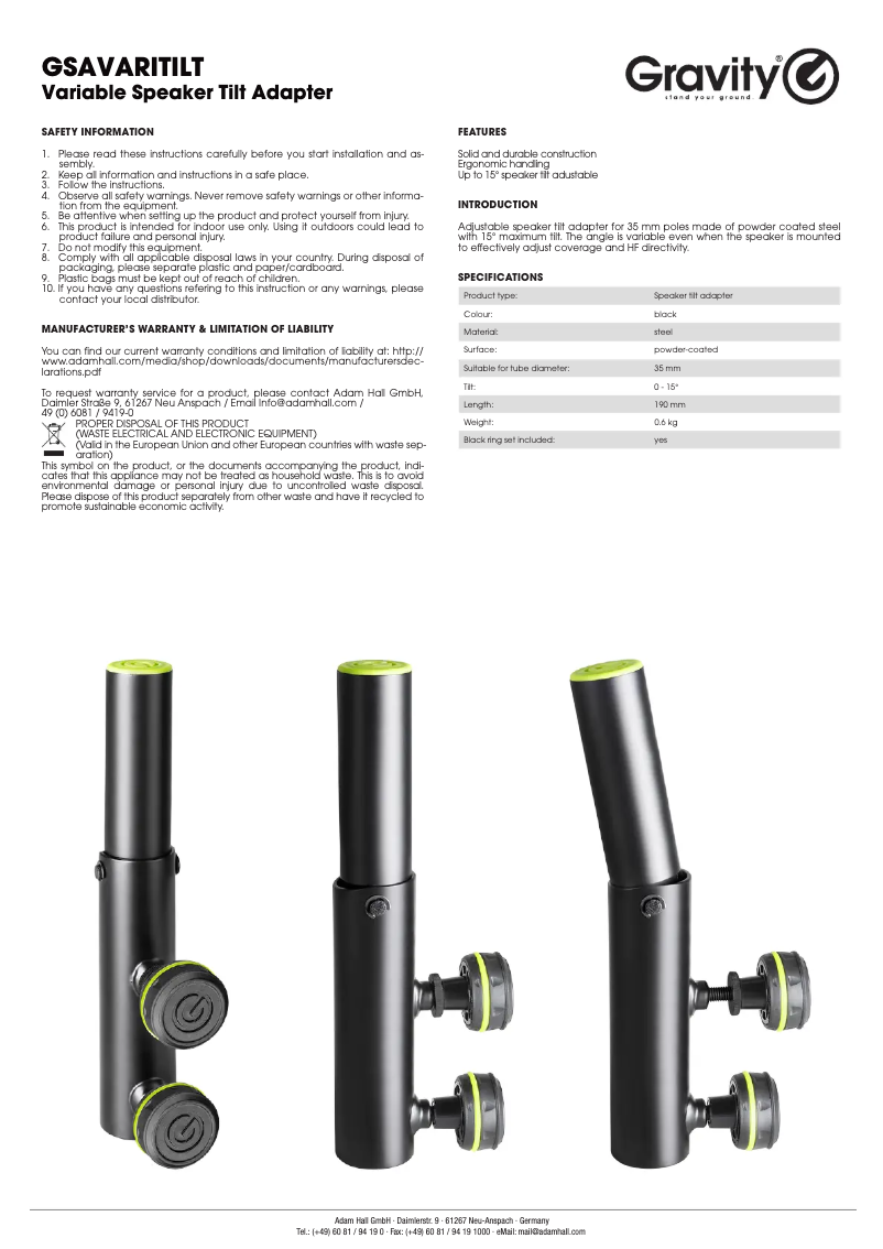 Página 1 del manual Manual de usuario Gravity SA Vari-tilt