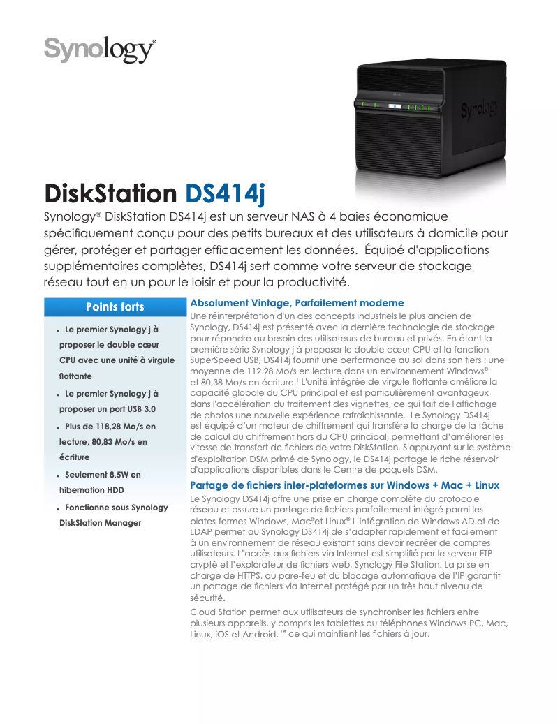 Page 1 de la notice Fiche technique Synology DiskStation DS414j
