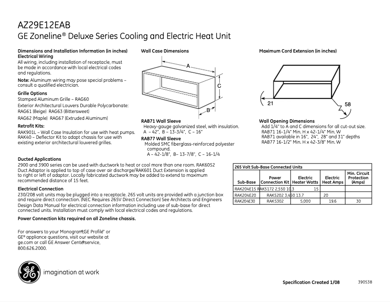 Página 1 del manual Ficha técnica GE AZ29E12EAB
